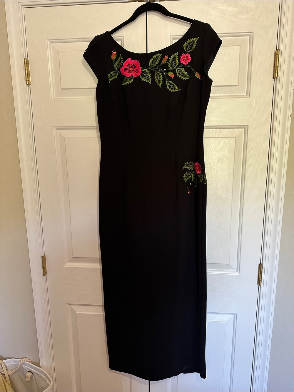 Maggy London Black Maxi Dress with Pink Floral Embroidery